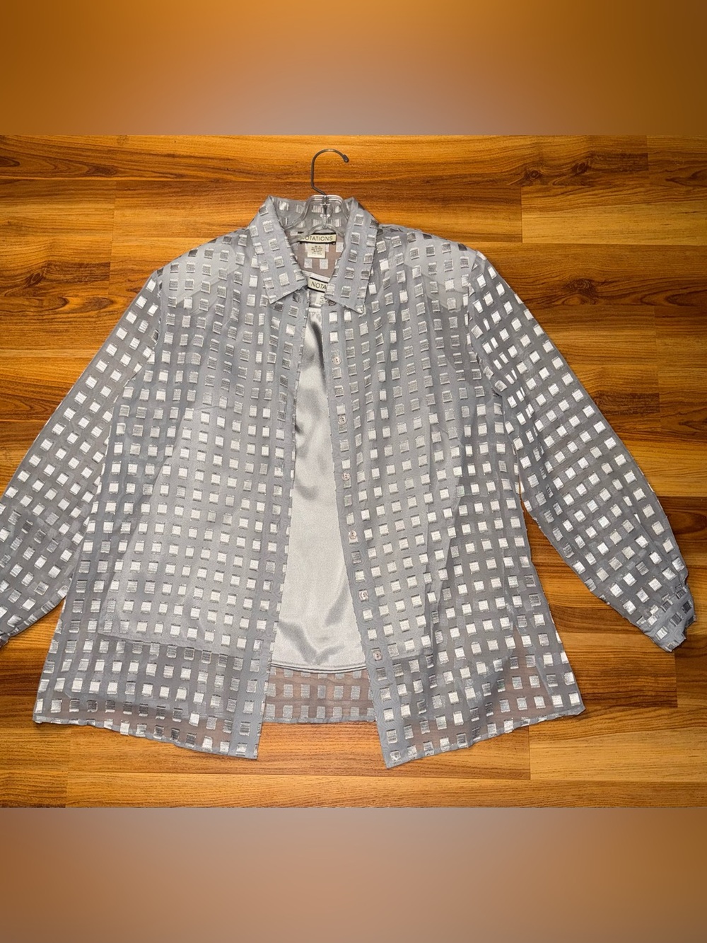 Notations Silver Sheer Grid Button-Down with Satin Shell
